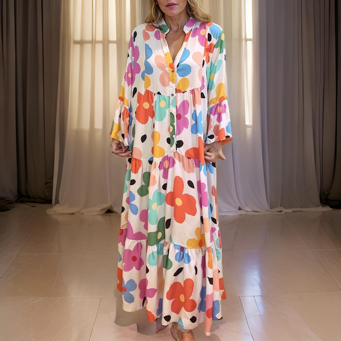 Flora – Boheemse lange jurk met klokmouwen en bloemenpatroon