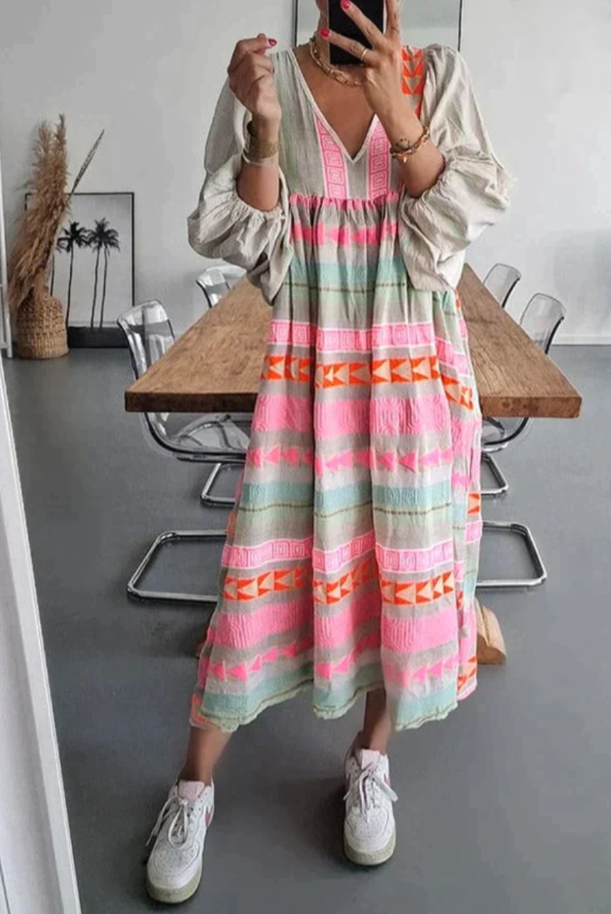 Luisa - Veelkleurige maxi jurk met geometrisch patroon