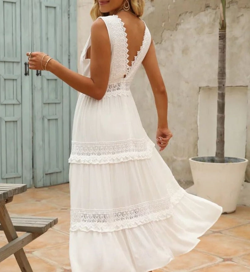Lunara - Balta kanten maxi jurk met V-hals