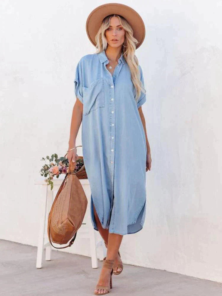 SkySerenity| Zomerhorizont grijs-blauwe jurk met knopen sluiting