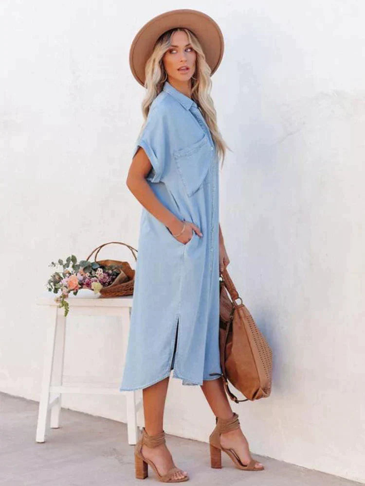 SkySerenity| Zomerhorizont grijs-blauwe jurk met knopen sluiting