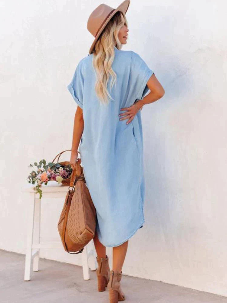 SkySerenity| Zomerhorizont grijs-blauwe jurk met knopen sluiting