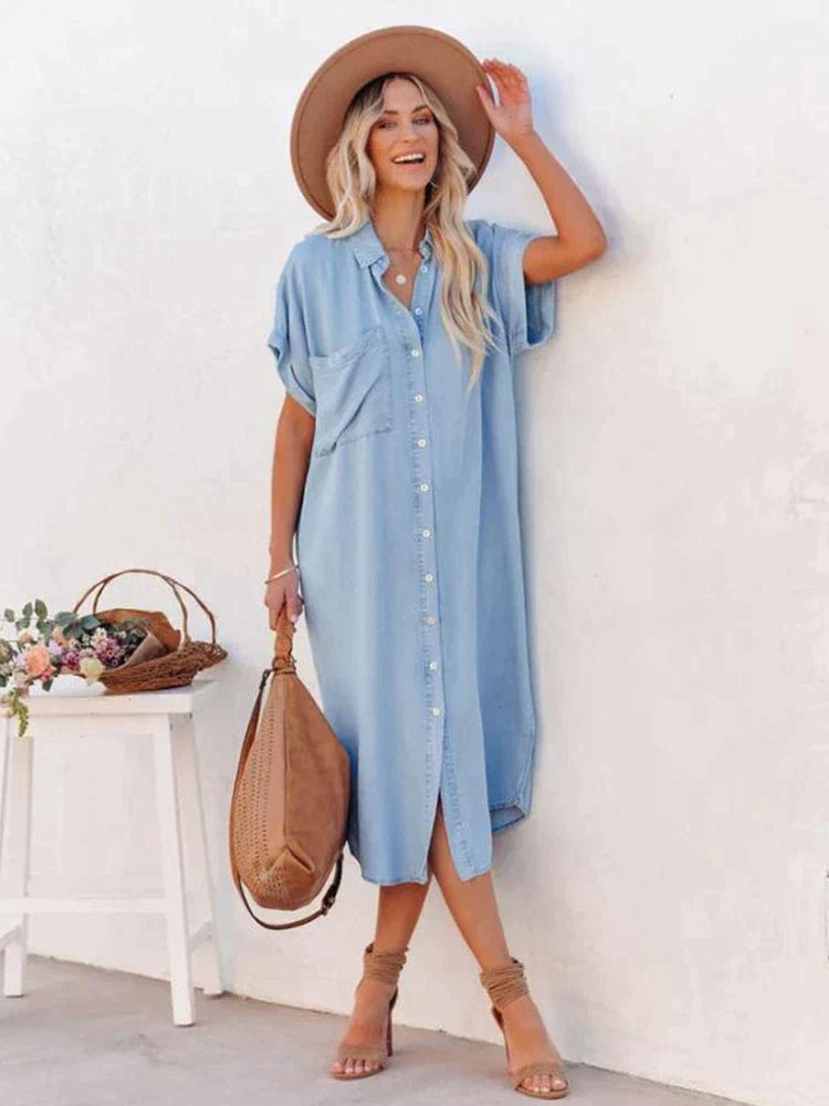 SkySerenity| Zomerhorizont grijs-blauwe jurk met knopen sluiting