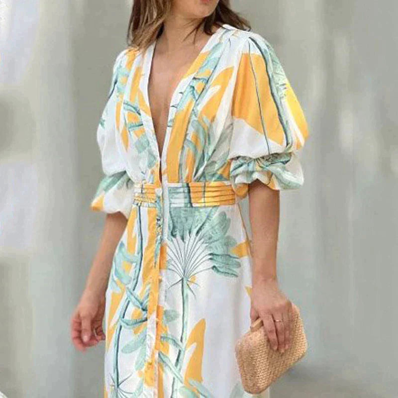 Susanne - Garso zomerjurk met comfortabele mouwen en diepe V-hals