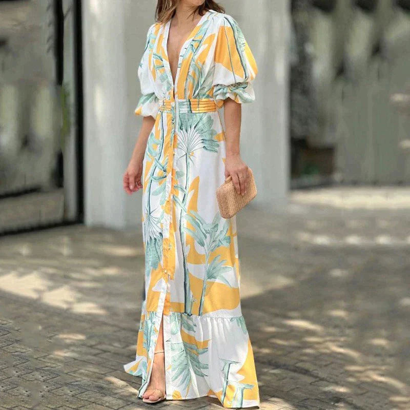 Susanne - Garso zomerjurk met comfortabele mouwen en diepe V-hals