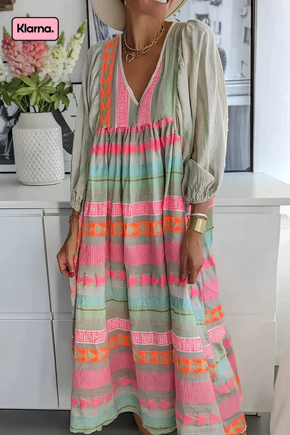 Luisa - Veelkleurige maxi jurk met geometrisch patroon
