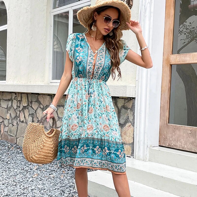 Serena - Boho midi-jurk met bloemenpatroon