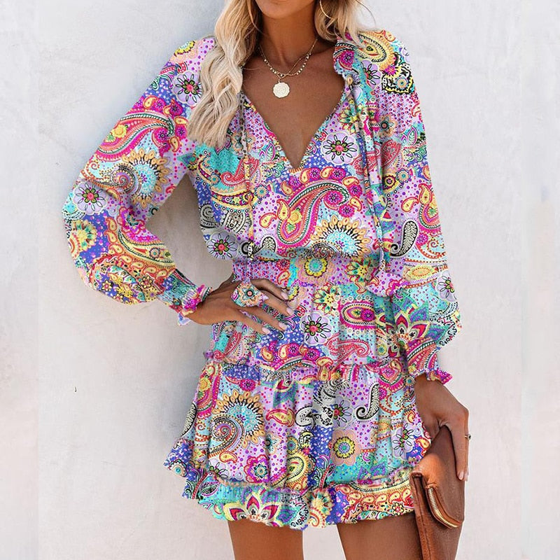 VibrantBloom - V-vormige hals kleurrijke bloemenprint met ruffles onderkant jurk