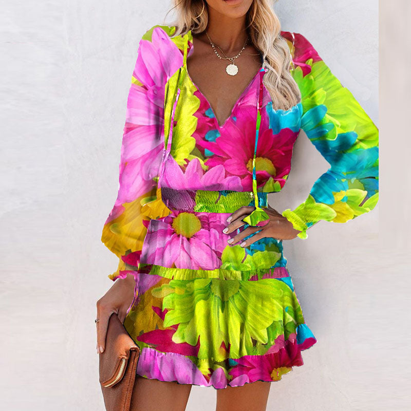 VibrantBloom - V-vormige hals kleurrijke bloemenprint met ruffles onderkant jurk
