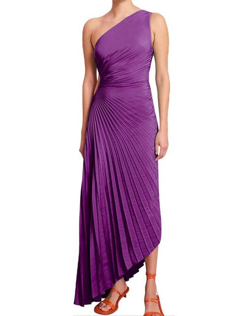 Masha - Oneshould A-symmetrische geplooide maxi avondjurk