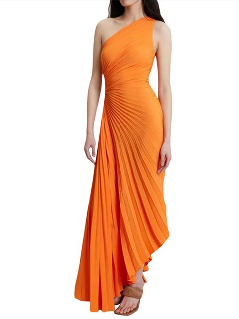 Masha - Oneshould A-symmetrische geplooide maxi avondjurk