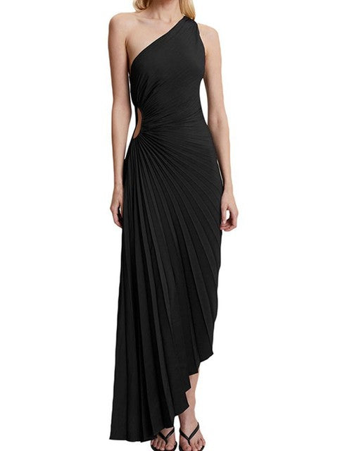 Masha - Oneshould A-symmetrische geplooide maxi avondjurk