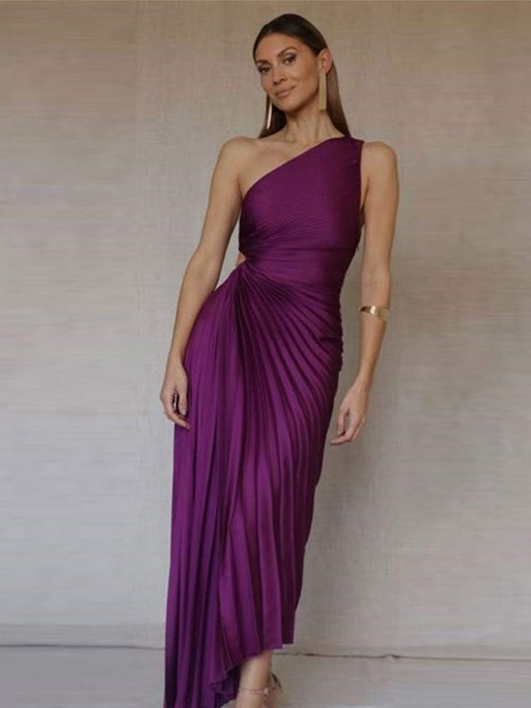 Masha - Oneshould A-symmetrische geplooide maxi avondjurk