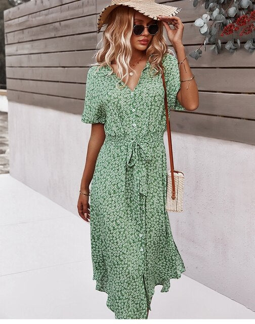 Selene Midi Jurk - Elegante boho midi jurk met bloemenpatroon voor dames