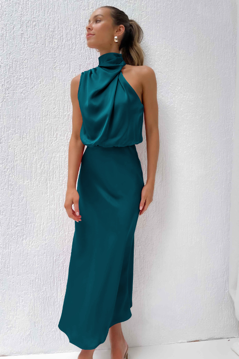Klaudija - Elegante midi jurk met asymmetrische ronde halslijn