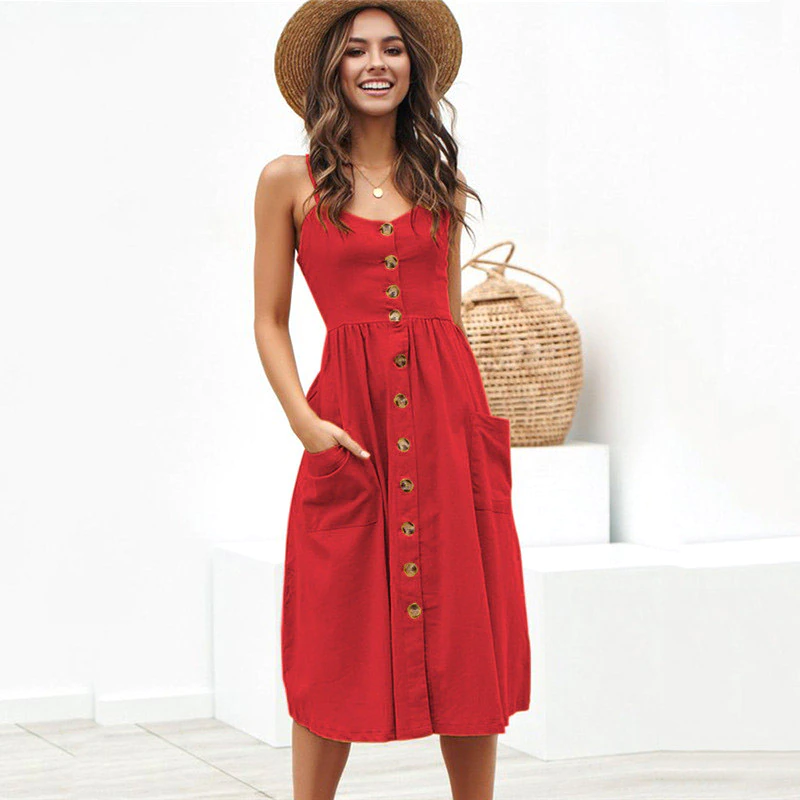 Davina | Zomer midi jurk met knopen en zakken