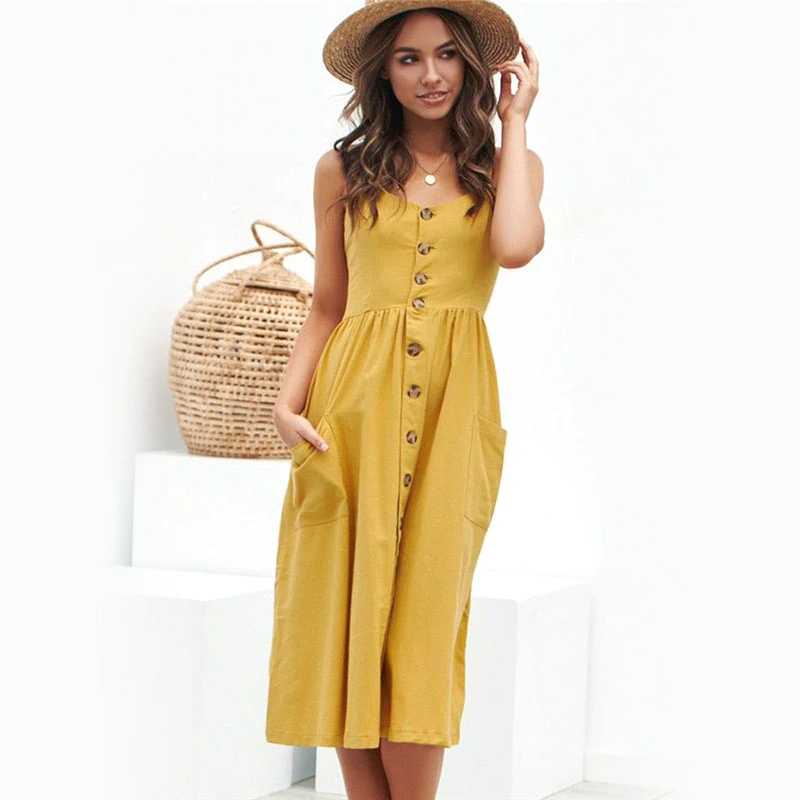 Davina | Zomer midi jurk met knopen en zakken