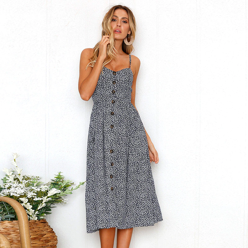 Davina | Zomer midi jurk met knopen en zakken