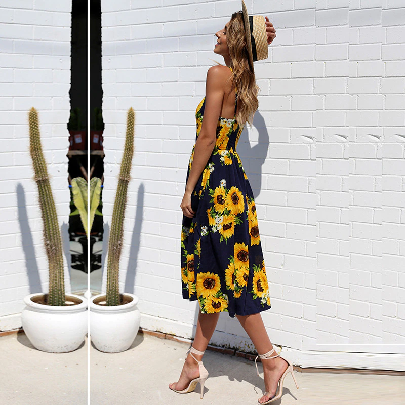 Davina | Zomer midi jurk met knopen en zakken
