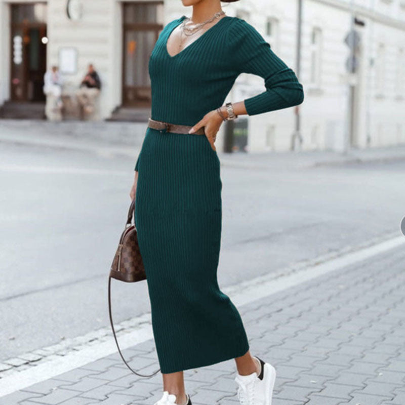 Celina - Tricot lange elastische jurk met sexy V-hals