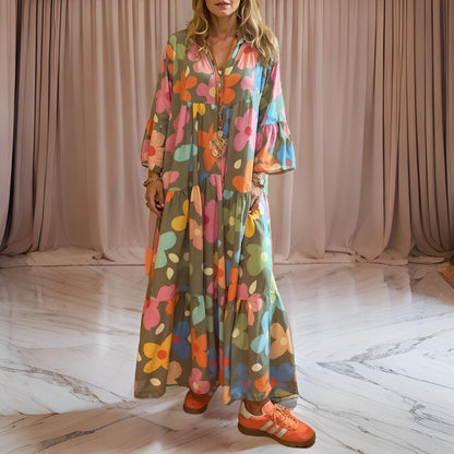 Flora – Boheemse lange jurk met klokmouwen en bloemenpatroon