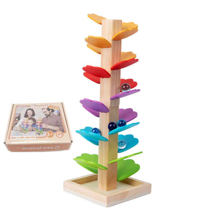 Montessori houten regenboog-knikker­torn