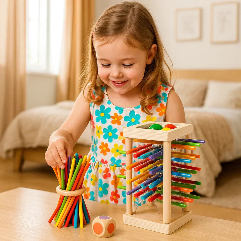 Educatief houten spel met balletjes en stokjes