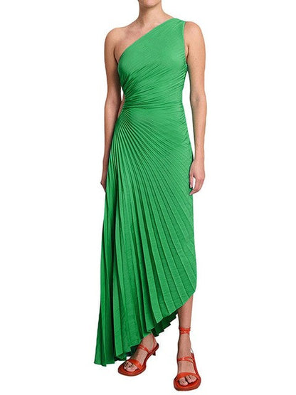 Masha - Oneshould A-symmetrische geplooide maxi avondjurk