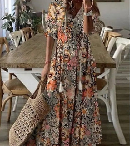 Lilly - Maxidress met korte mouwen en V-vormige halslijn met bloemenpatroon