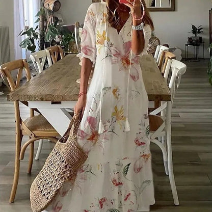 Lilly - Maxidress met korte mouwen en V-vormige halslijn met bloemenpatroon