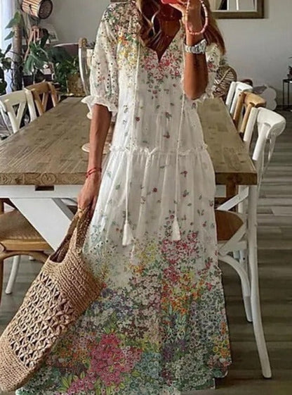 Lilly - Maxidress met korte mouwen en V-vormige halslijn met bloemenpatroon